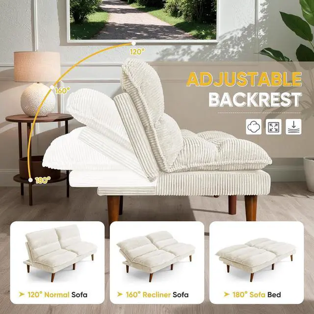 Alt view image 4 of 7 - Convertible Futon Sofa Bed Futon Couch with Adjustable Back Upholstered Sleeper Sofa Bed for Living Room Furniture (Corduroy, White)