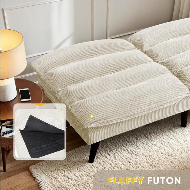 Alt view image 6 of 7 - Convertible Futon Sofa Bed Futon Couch with Adjustable Back Upholstered Sleeper Sofa Bed for Living Room Furniture (Corduroy, White)