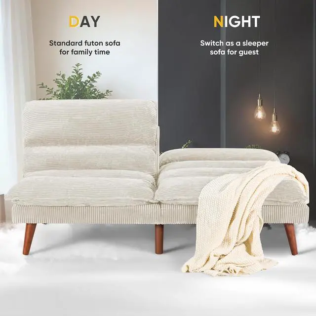 Alt view image 5 of 7 - Convertible Futon Sofa Bed Futon Couch with Adjustable Back Upholstered Sleeper Sofa Bed for Living Room Furniture (Corduroy, White)