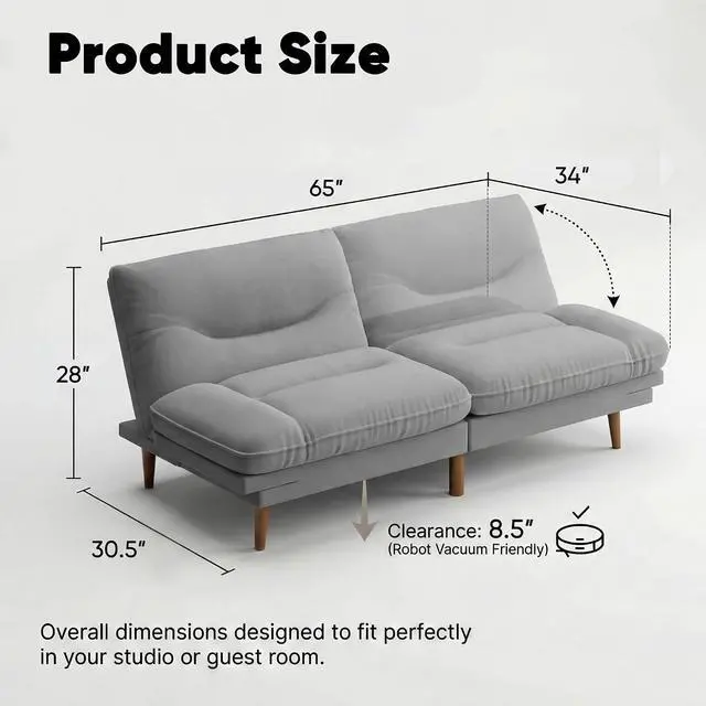 Alt view image 2 of 7 - Adjustable Futon Sofa Bed, 66 Loveseat with Adjustable Armrest & Backrest, Modern Convertible Futon Couch for Small Space, Studio, Apartment, Guest Room (Fabric, Pale Gray)