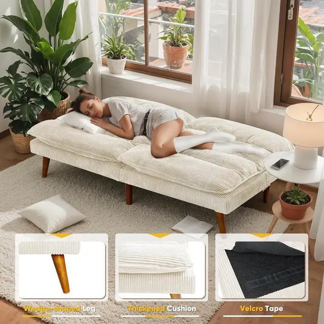 Alt view image 7 of 7 - Convertible Futon Sofa Bed Futon Couch with Adjustable Back Upholstered Sleeper Sofa Bed for Living Room Furniture (Corduroy, White)