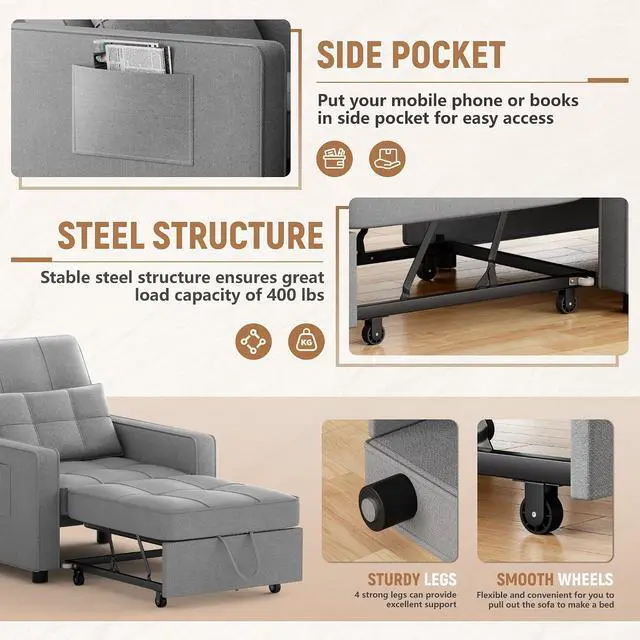 Alt view image 3 of 7 - Sofa Bed, Sleeper Sofa 3-in-1, Adjustable Couch Bed with Modern Linen Fabric, Convertible Sleeper Chair, Couches for Living Room, Apartment and Small Space (Bright Gray)