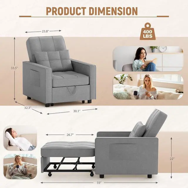 Alt view image 2 of 7 - Sofa Bed, Sleeper Sofa 3-in-1, Adjustable Couch Bed with Modern Linen Fabric, Convertible Sleeper Chair, Couches for Living Room, Apartment and Small Space (Bright Gray)