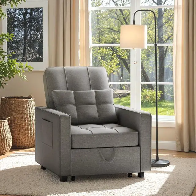 Alt view image 7 of 7 - Sofa Bed, Sleeper Sofa 3-in-1, Adjustable Couch Bed with Modern Linen Fabric, Convertible Sleeper Chair, Couches for Living Room, Apartment and Small Space (Bright Gray)