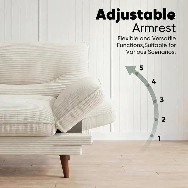 Alt view image 4 of 7 - Adjustable Futon Sofa Bed, 66 Loveseat with Adjustable Armrest & Backrest, Modern Convertible Futon Couch for Small Space, Studio, Apartment, Guest Room (Corduroy, White)
