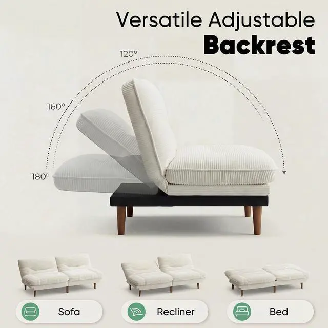 Alt view image 5 of 7 - Adjustable Futon Sofa Bed, 66 Loveseat with Adjustable Armrest & Backrest, Modern Convertible Futon Couch for Small Space, Studio, Apartment, Guest Room (Corduroy, White)