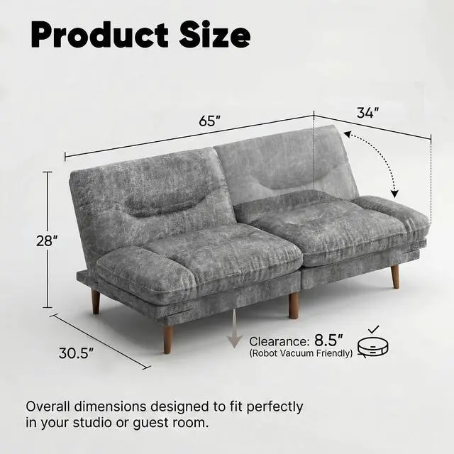 Alt view image 2 of 7 - Adjustable Futon Sofa Bed, 66 Loveseat with Adjustable Armrest & Backrest, Modern Convertible Futon Couch for Small Space, Studio, Apartment, Guest Room (Leathaire, Light Gray)