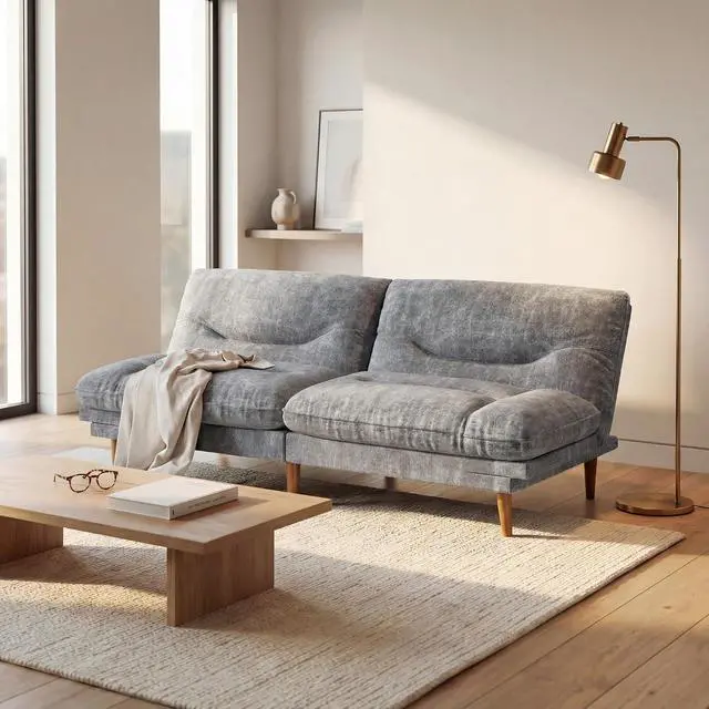 Alt view image 3 of 7 - Adjustable Futon Sofa Bed, 66 Loveseat with Adjustable Armrest & Backrest, Modern Convertible Futon Couch for Small Space, Studio, Apartment, Guest Room (Leathaire, Light Gray)