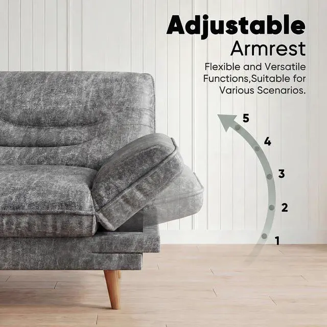 Alt view image 4 of 7 - Adjustable Futon Sofa Bed, 66 Loveseat with Adjustable Armrest & Backrest, Modern Convertible Futon Couch for Small Space, Studio, Apartment, Guest Room (Leathaire, Light Gray)