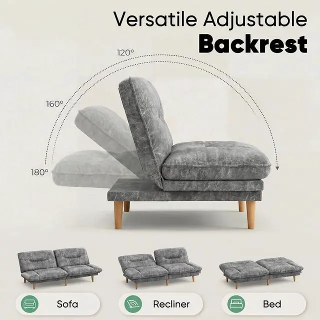 Alt view image 5 of 7 - Adjustable Futon Sofa Bed, 66 Loveseat with Adjustable Armrest & Backrest, Modern Convertible Futon Couch for Small Space, Studio, Apartment, Guest Room (Leathaire, Light Gray)