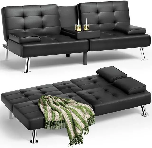 Main image of Faux Leather Futon Sofa Bed Futon Couch with Removable Armrests Adjustable Sleeper Sofa Bed with 2 Cup Holders for Living Room (PU Leather, Black)