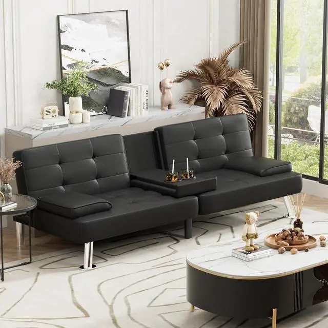 Alt view image 2 of 7 - Faux Leather Futon Sofa Bed Futon Couch with Removable Armrests Adjustable Sleeper Sofa Bed with 2 Cup Holders for Living Room (PU Leather, Black)