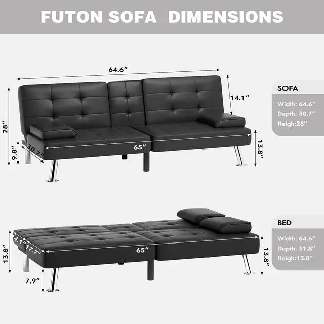 Alt view image 3 of 7 - Faux Leather Futon Sofa Bed Futon Couch with Removable Armrests Adjustable Sleeper Sofa Bed with 2 Cup Holders for Living Room (PU Leather, Black)