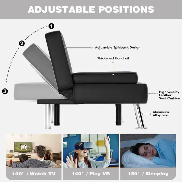 Alt view image 5 of 7 - Faux Leather Futon Sofa Bed Futon Couch with Removable Armrests Adjustable Sleeper Sofa Bed with 2 Cup Holders for Living Room (PU Leather, Black)