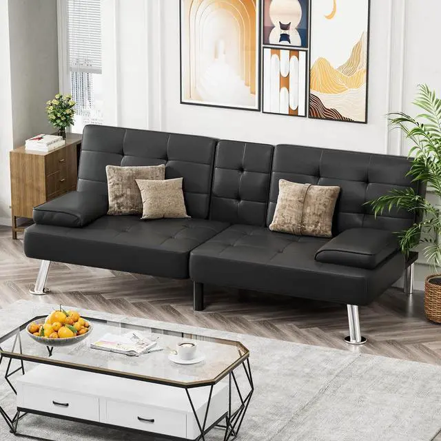 Alt view image 4 of 7 - Faux Leather Futon Sofa Bed Futon Couch with Removable Armrests Adjustable Sleeper Sofa Bed with 2 Cup Holders for Living Room (PU Leather, Black)