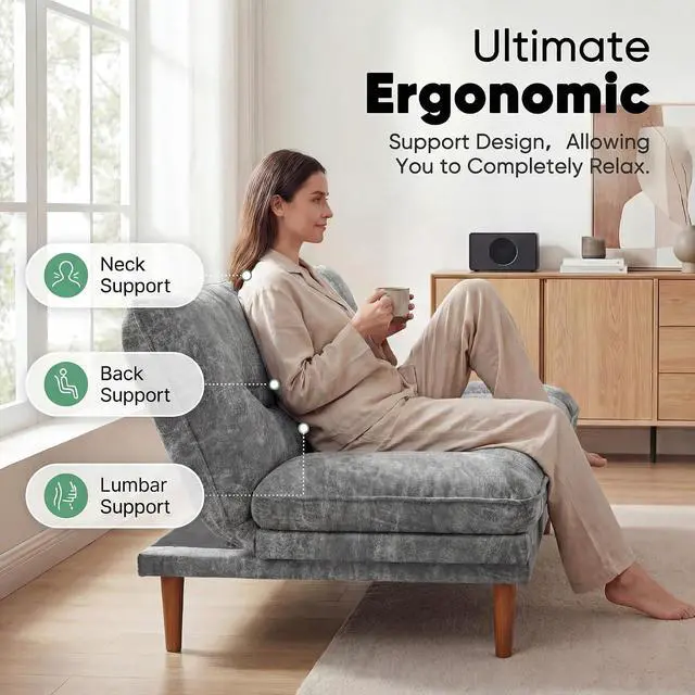 Alt view image 7 of 7 - Adjustable Futon Sofa Bed, 66 Loveseat with Adjustable Armrest & Backrest, Modern Convertible Futon Couch for Small Space, Studio, Apartment, Guest Room (Leathaire, Light Gray)