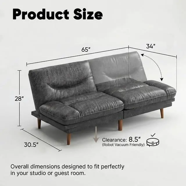 Alt view image 2 of 7 - Adjustable Futon Sofa Bed, 66 Loveseat with Adjustable Armrest & Backrest, Modern Convertible Futon Couch for Small Space, Studio, Apartment, Guest Room (Leathaire, Jet Black)