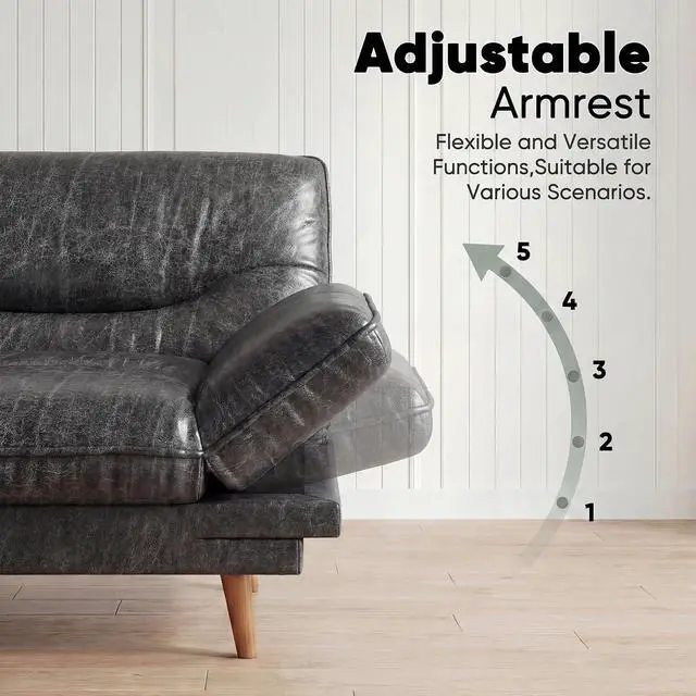 Alt view image 4 of 7 - Adjustable Futon Sofa Bed, 66 Loveseat with Adjustable Armrest & Backrest, Modern Convertible Futon Couch for Small Space, Studio, Apartment, Guest Room (Leathaire, Jet Black)