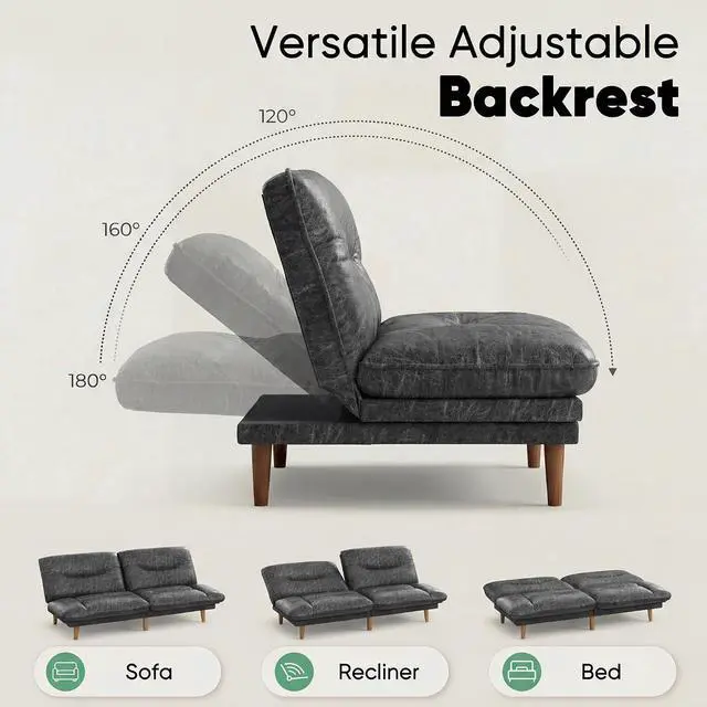Alt view image 5 of 7 - Adjustable Futon Sofa Bed, 66 Loveseat with Adjustable Armrest & Backrest, Modern Convertible Futon Couch for Small Space, Studio, Apartment, Guest Room (Leathaire, Jet Black)
