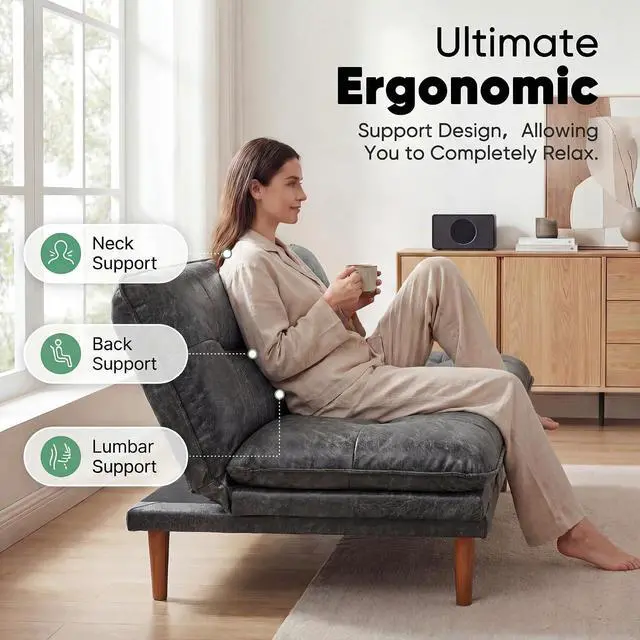 Alt view image 7 of 7 - Adjustable Futon Sofa Bed, 66 Loveseat with Adjustable Armrest & Backrest, Modern Convertible Futon Couch for Small Space, Studio, Apartment, Guest Room (Leathaire, Jet Black)