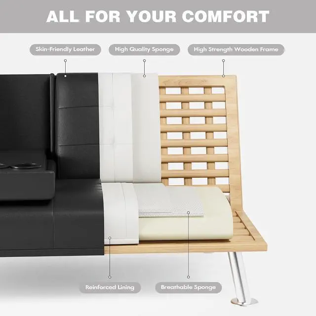 Alt view image 7 of 7 - Faux Leather Futon Sofa Bed Futon Couch with Removable Armrests Adjustable Sleeper Sofa Bed with 2 Cup Holders for Living Room (PU Leather, Black)