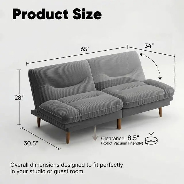Alt view image 2 of 7 - Adjustable Futon Sofa Bed, 66 Loveseat with Adjustable Armrest & Backrest, Modern Convertible Futon Couch for Small Space, Studio, Apartment, Guest Room (Corduroy, Medium Gray)