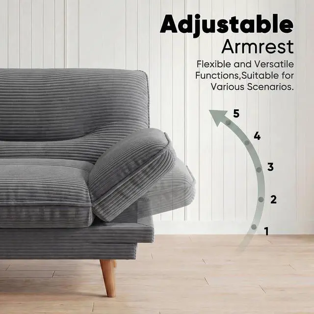 Alt view image 4 of 7 - Adjustable Futon Sofa Bed, 66 Loveseat with Adjustable Armrest & Backrest, Modern Convertible Futon Couch for Small Space, Studio, Apartment, Guest Room (Corduroy, Medium Gray)