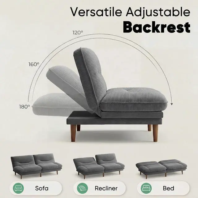 Alt view image 5 of 7 - Adjustable Futon Sofa Bed, 66 Loveseat with Adjustable Armrest & Backrest, Modern Convertible Futon Couch for Small Space, Studio, Apartment, Guest Room (Corduroy, Medium Gray)