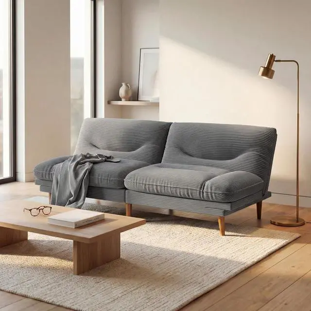 Alt view image 3 of 7 - Adjustable Futon Sofa Bed, 66 Loveseat with Adjustable Armrest & Backrest, Modern Convertible Futon Couch for Small Space, Studio, Apartment, Guest Room (Corduroy, Medium Gray)