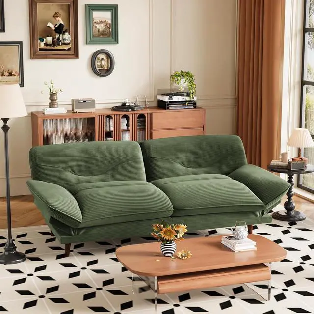 Main image of Convertible Futon Sofa Bed, Sleeper Futon Couch with Adjustable Backrest and Armrests, Modern Loveseat with Sturdy Wood Frame for Small Spaces, Apartments (Corduroy, Green)