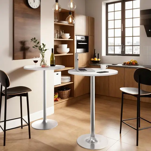 Alt view image 6 of 7 - Bistro Pub Table Round Bar Height Cocktail Table for Home Bar, Round Bar Tables for Party, Dining Room, Living Room and Wedding, Metal Base MDF Top, 40.6 Inch Height (1, White-2)