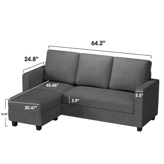 Alt view image 2 of 7 - Convertible Sectional Sofa Couch, Fabric L-Shaped Sofa with 3 Seats, Removable Ottoman, Small Sofa for Small Apartments, Living Rooms and Offices (Deep Grey)
