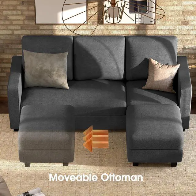 Alt view image 3 of 7 - Convertible Sectional Sofa Couch, Fabric L-Shaped Sofa with 3 Seats, Removable Ottoman, Small Sofa for Small Apartments, Living Rooms and Offices (Deep Grey)