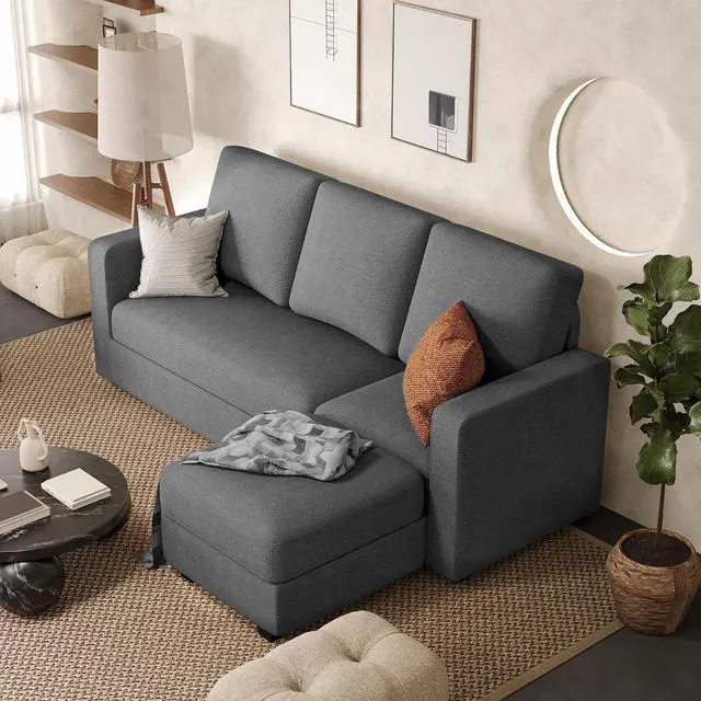 Main image of Convertible Sectional Sofa Couch, Fabric L-Shaped Sofa with 3 Seats, Removable Ottoman, Small Sofa for Small Apartments, Living Rooms and Offices (Deep Grey)