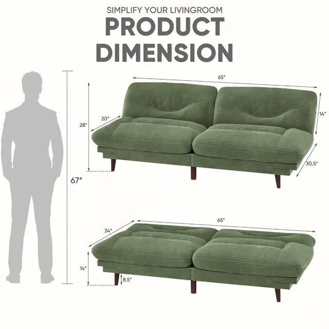 Alt view image 2 of 7 - Convertible Futon Sofa Bed, Sleeper Futon Couch with Adjustable Backrest and Armrests, Modern Loveseat with Sturdy Wood Frame for Small Spaces, Apartments (Corduroy, Green)