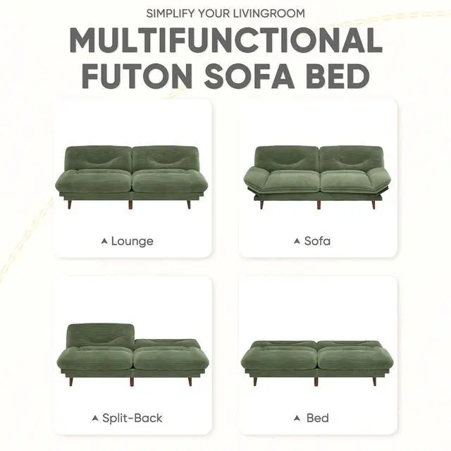 Alt view image 7 of 7 - Convertible Futon Sofa Bed, Sleeper Futon Couch with Adjustable Backrest and Armrests, Modern Loveseat with Sturdy Wood Frame for Small Spaces, Apartments (Corduroy, Green)