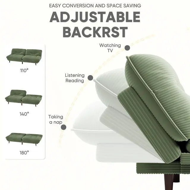 Alt view image 5 of 7 - Convertible Futon Sofa Bed, Sleeper Futon Couch with Adjustable Backrest and Armrests, Modern Loveseat with Sturdy Wood Frame for Small Spaces, Apartments (Corduroy, Green)
