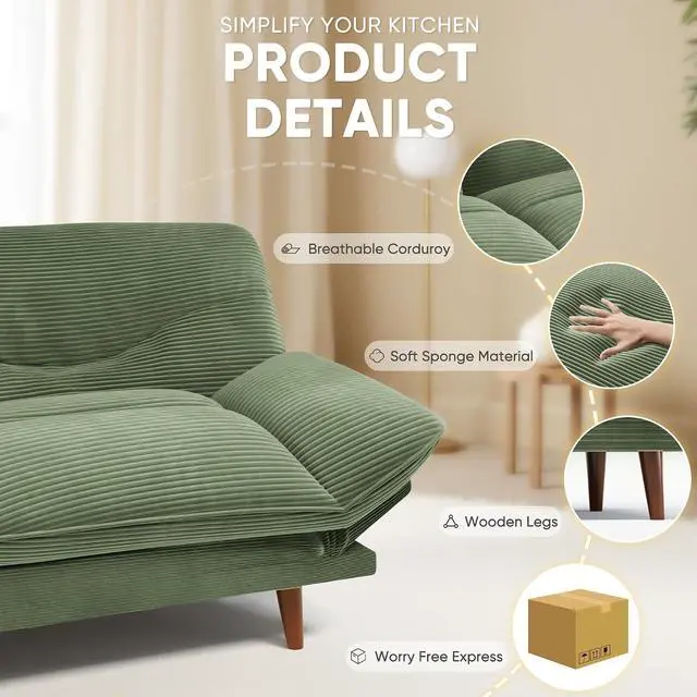 Alt view image 3 of 7 - Convertible Futon Sofa Bed, Sleeper Futon Couch with Adjustable Backrest and Armrests, Modern Loveseat with Sturdy Wood Frame for Small Spaces, Apartments (Corduroy, Green)