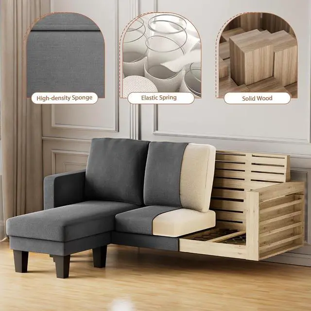 Alt view image 5 of 7 - Convertible Sectional Sofa Couch, Fabric L-Shaped Sofa with 3 Seats, Removable Ottoman, Small Sofa for Small Apartments, Living Rooms and Offices (Deep Grey)