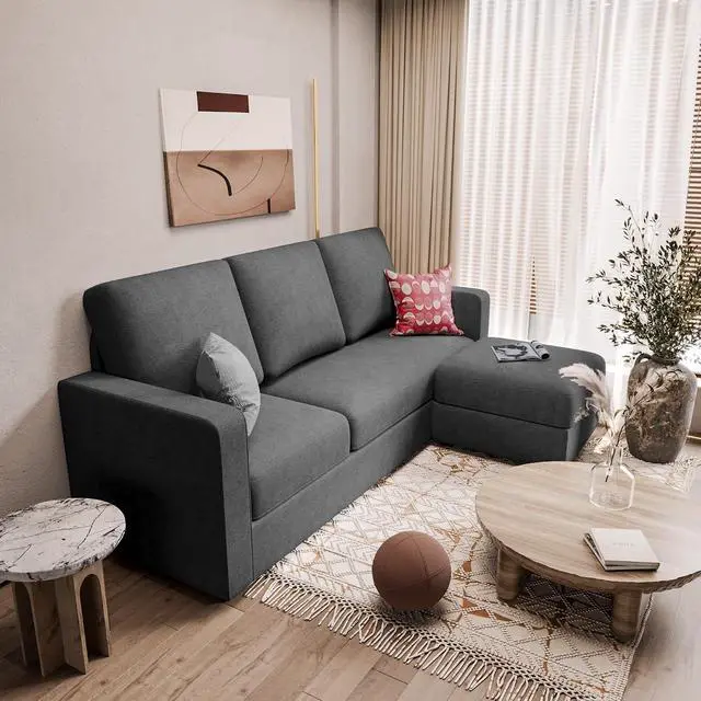 Alt view image 7 of 7 - Convertible Sectional Sofa Couch, Fabric L-Shaped Sofa with 3 Seats, Removable Ottoman, Small Sofa for Small Apartments, Living Rooms and Offices (Deep Grey)