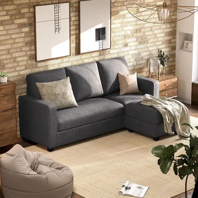 Alt view image 6 of 7 - Convertible Sectional Sofa Couch, Fabric L-Shaped Sofa with 3 Seats, Removable Ottoman, Small Sofa for Small Apartments, Living Rooms and Offices (Deep Grey)