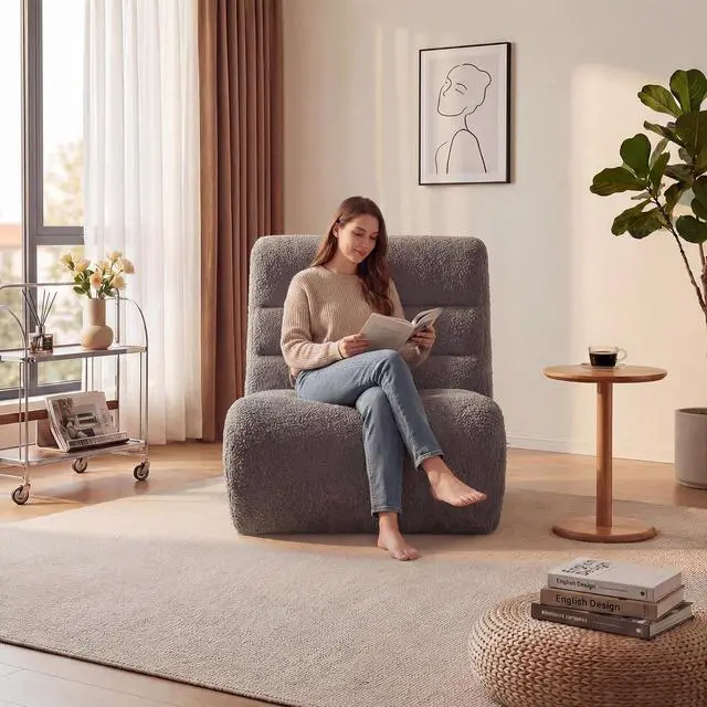 Alt view image 4 of 7 - Bean Bag Chairs for Adults, Chaise Lounge Chair Indoor with Memory Foam, Cozy Reading Chair with Convenient Movable Handle for Living Room, Apartment, Home Theater (Grey)