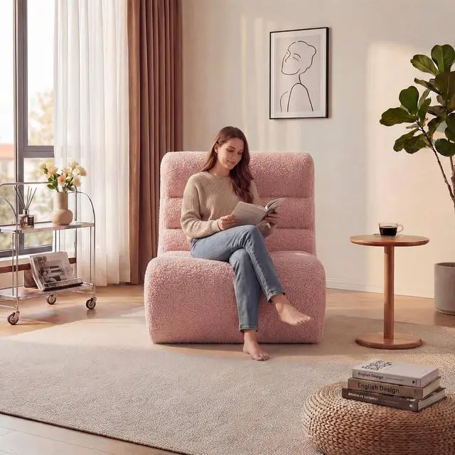 Alt view image 5 of 7 - Bean Bag Chairs for Adults, Chaise Lounge Chair Indoor with Memory Foam, Cozy Reading Chair with Convenient Movable Handle for Living Room, Apartment, Home Theater (Pink)
