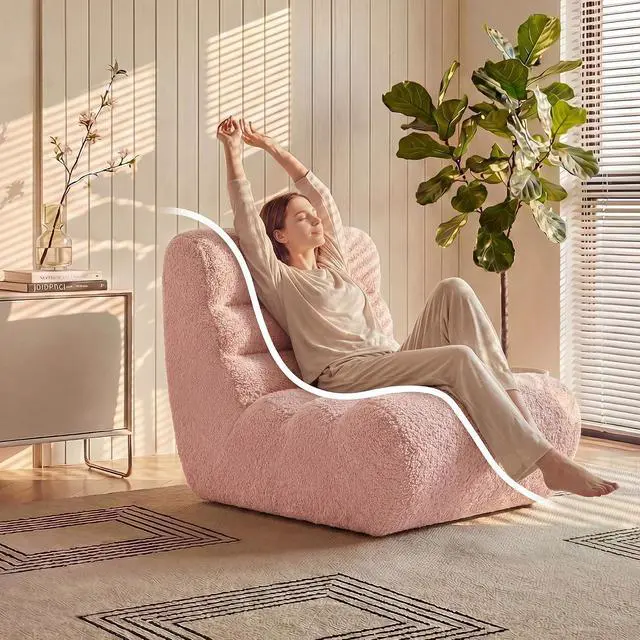 Alt view image 4 of 7 - Bean Bag Chairs for Adults, Chaise Lounge Chair Indoor with Memory Foam, Cozy Reading Chair with Convenient Movable Handle for Living Room, Apartment, Home Theater (Pink)