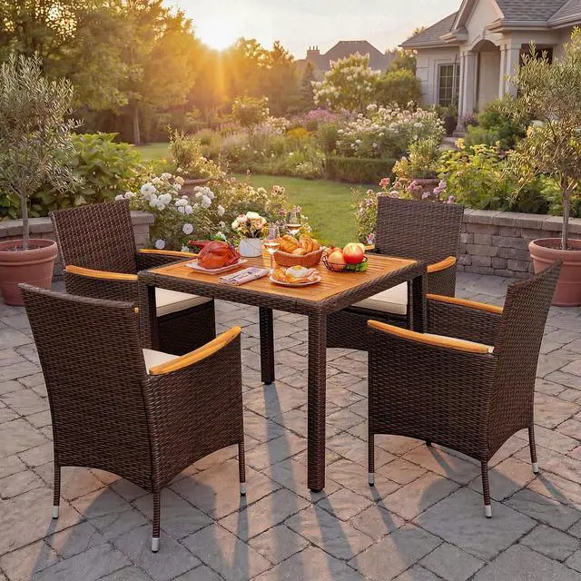 Alt view image 2 of 7 - 5 PCS Patio Table and Chairs Sets Small Outdoor Dining Set for 4 (Brown)