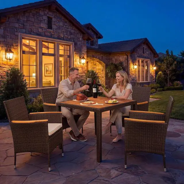 Alt view image 7 of 7 - 5 PCS Patio Table and Chairs Sets Small Outdoor Dining Set for 4 (Brown)