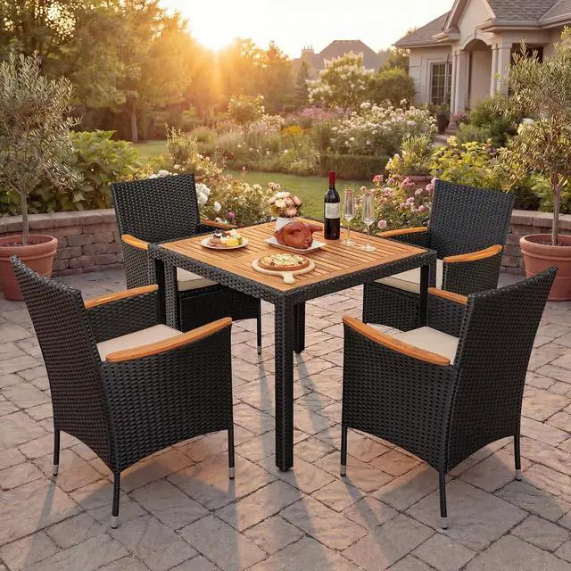 Alt view image 2 of 7 - 5 PCS Patio Table and Chairs Sets Small Outdoor Dining Set for 4 (Black)
