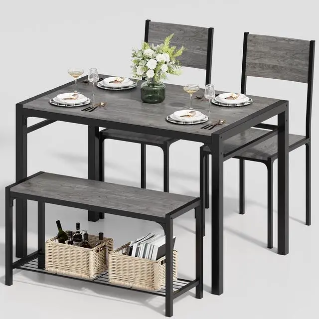 Main image of Dining Table Set for 4, Modern Kitchen Table Bench and Chairs Rectangular Dining Room Table Set with Storage Bench for Small Space, Apartment, Restaurant (Grey)