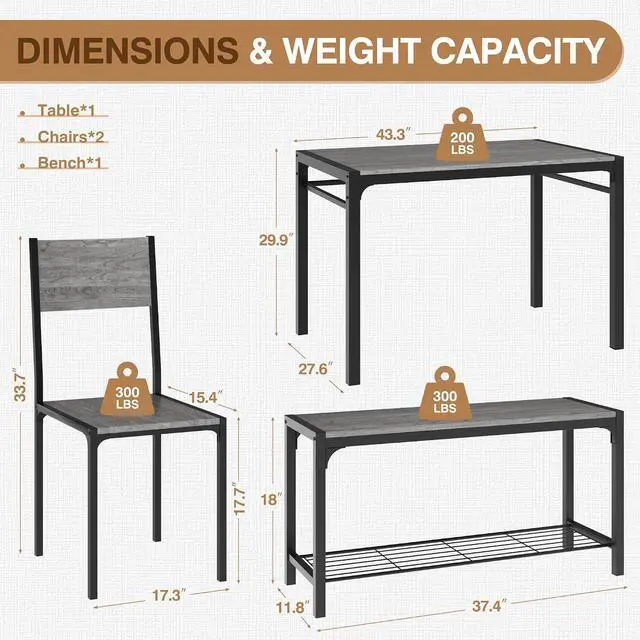 Alt view image 2 of 7 - Dining Table Set for 4, Modern Kitchen Table Bench and Chairs Rectangular Dining Room Table Set with Storage Bench for Small Space, Apartment, Restaurant (Grey)