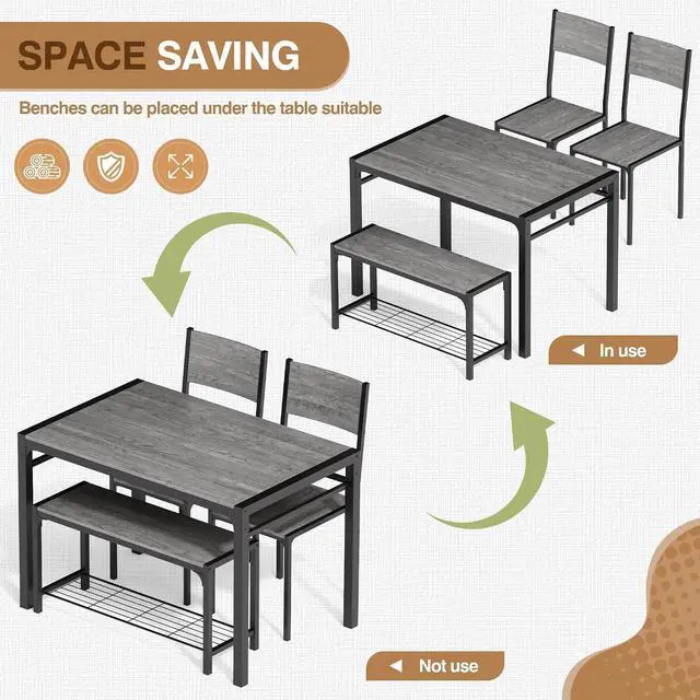 Alt view image 5 of 7 - Dining Table Set for 4, Modern Kitchen Table Bench and Chairs Rectangular Dining Room Table Set with Storage Bench for Small Space, Apartment, Restaurant (Grey)